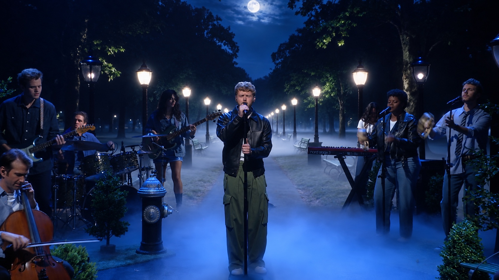 Alex Warren and his band performing Cry Wolf in a moonlit park setting